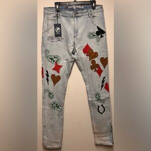 Parlay Paisley Light Blue Velvet Spade Hearts Patchwork Washed Denim Jeans 36